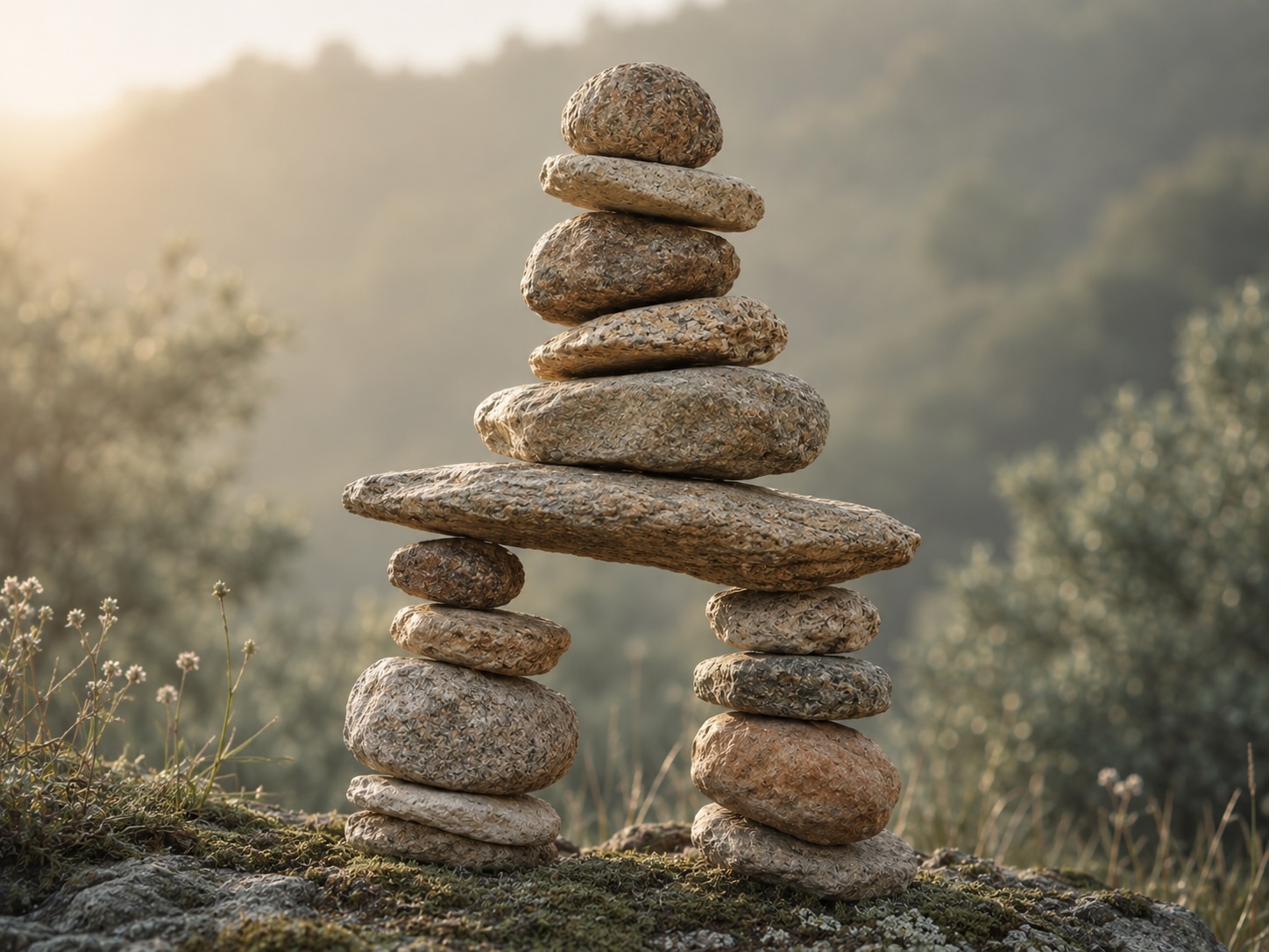 A cairn of balanced river stones, representing steady, deliberate structure